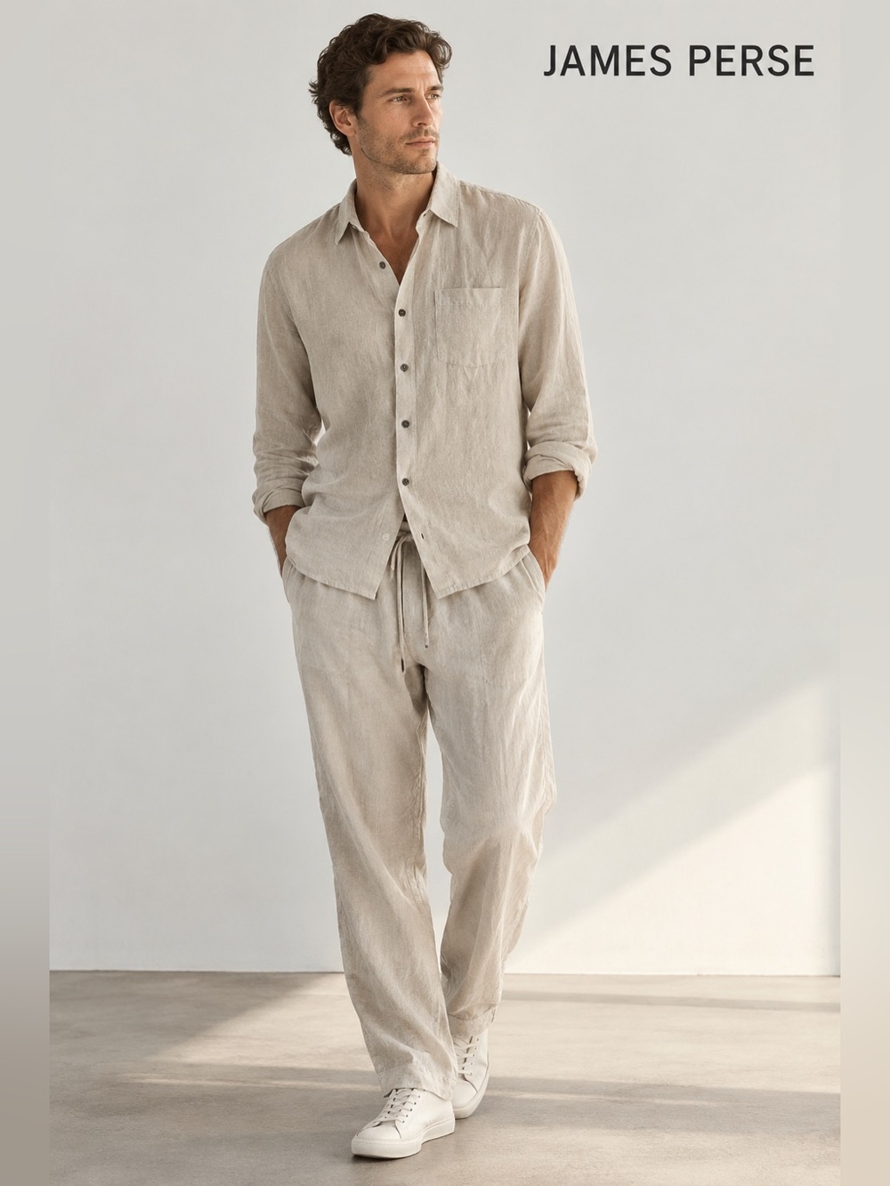 James Perse Lightweight Beige Linen Pant Set Overcast Pigment Medium Large